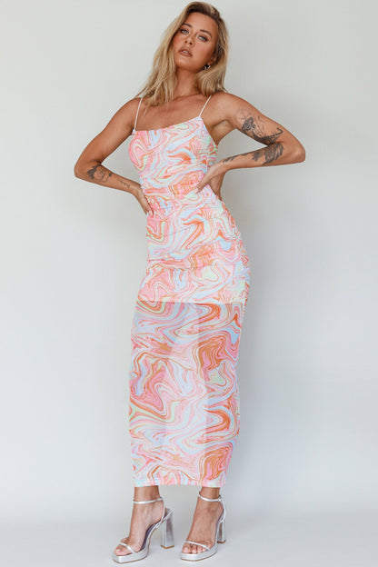 Love In Miami Lace-Up Back Midi Dress Swirl Orange