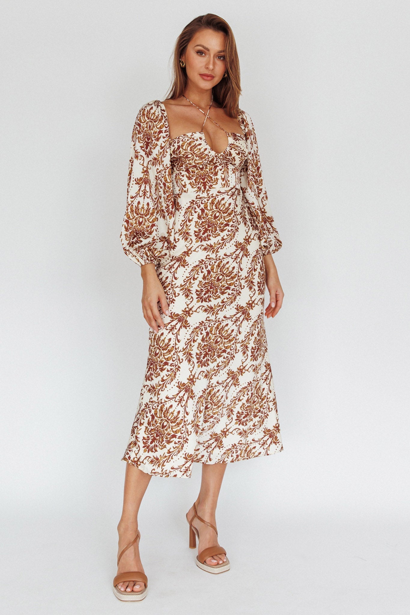 Nyree Long Sleeve Maxi Dress Floral Brown