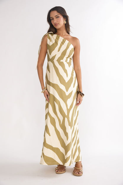 Tavina One-Shoulder Maxi Dress Zebra Khaki