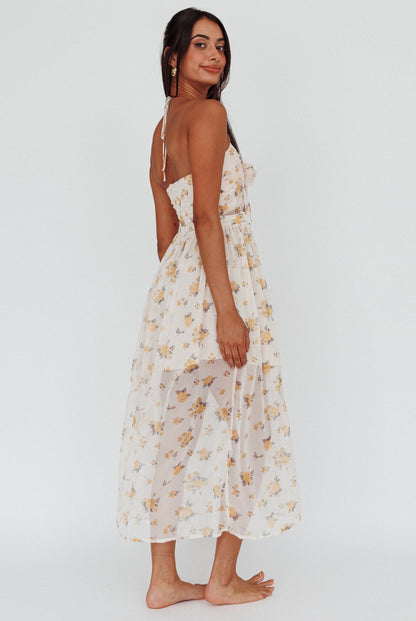 Los Feliz Tied Bust Halterneck Midi Dress Sheer Floral Yellow