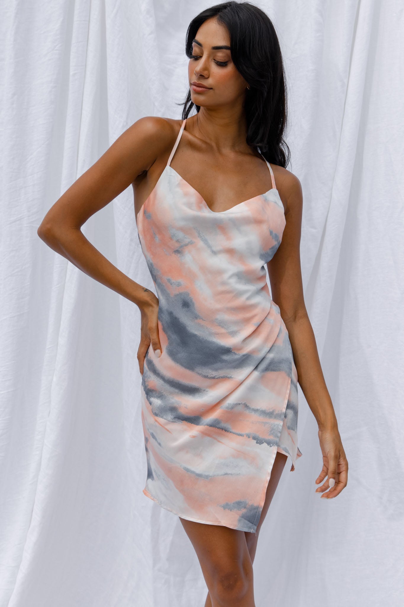 Hey Girl Cowl Neck Wrap Front Mini Dress Tie-Dye Print Multi