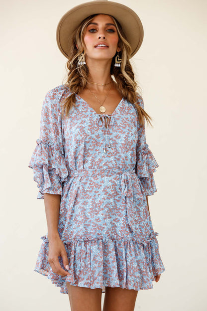 Forever Sunshine Flared Sleeve Waist Tie Dress Floral Print Blue