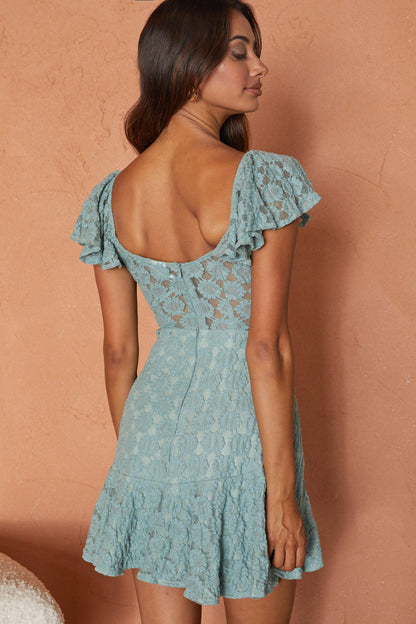 Secret Crush Flutter Sleeve Floral Lace Ruffle Hem Dress Mint