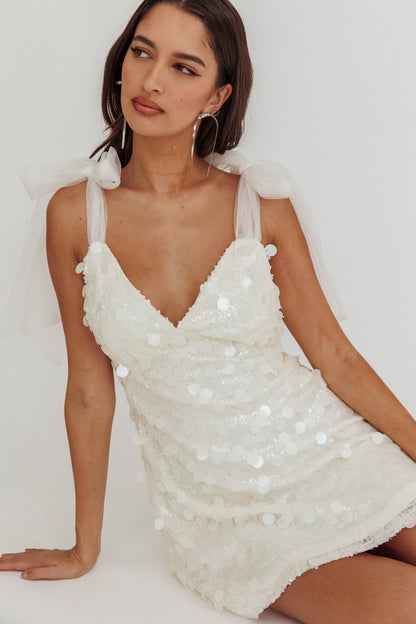 Mykonos Morning Tied Shoulder Sequin Mini Dress White