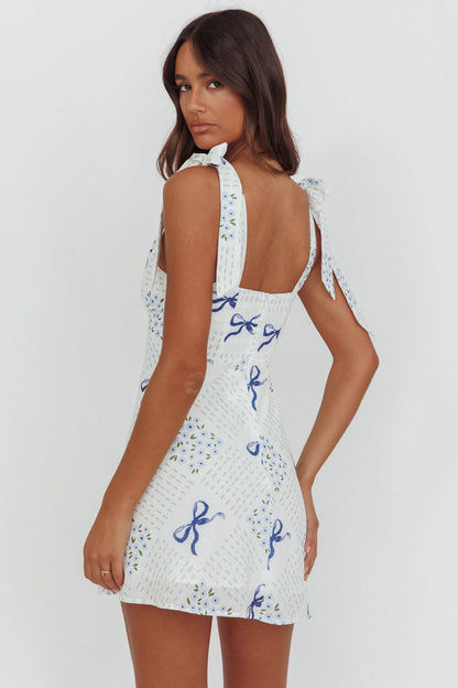 Mykonos Morning Tied Shoulder Mini Dress Bows Blue