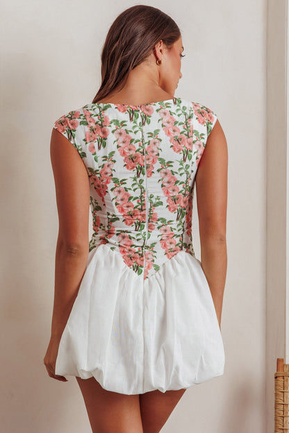 Gracelina Cap Sleeve Bubble Hem Mini Dress Floral Pink