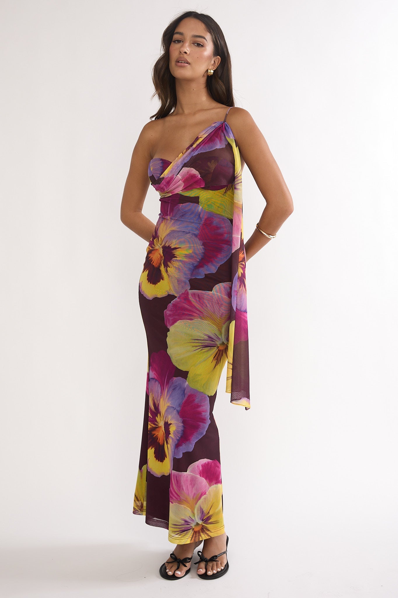 Tallis One-Shoulder Asymmetric Neckline Dress Brown