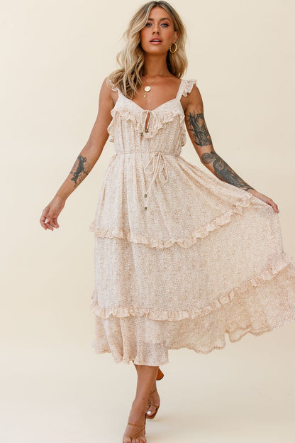 Priscilla Frill Detail Maxi Dress Floral Print Beige