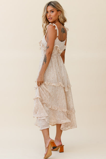 Priscilla Frill Detail Maxi Dress Floral Print Beige