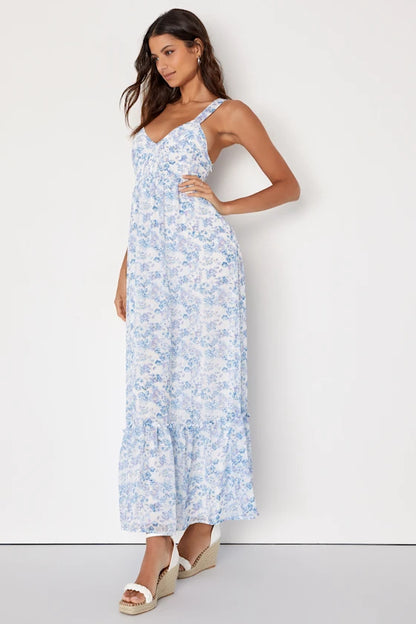 My Love Story White Floral Print Tie-Back Maxi Dress
