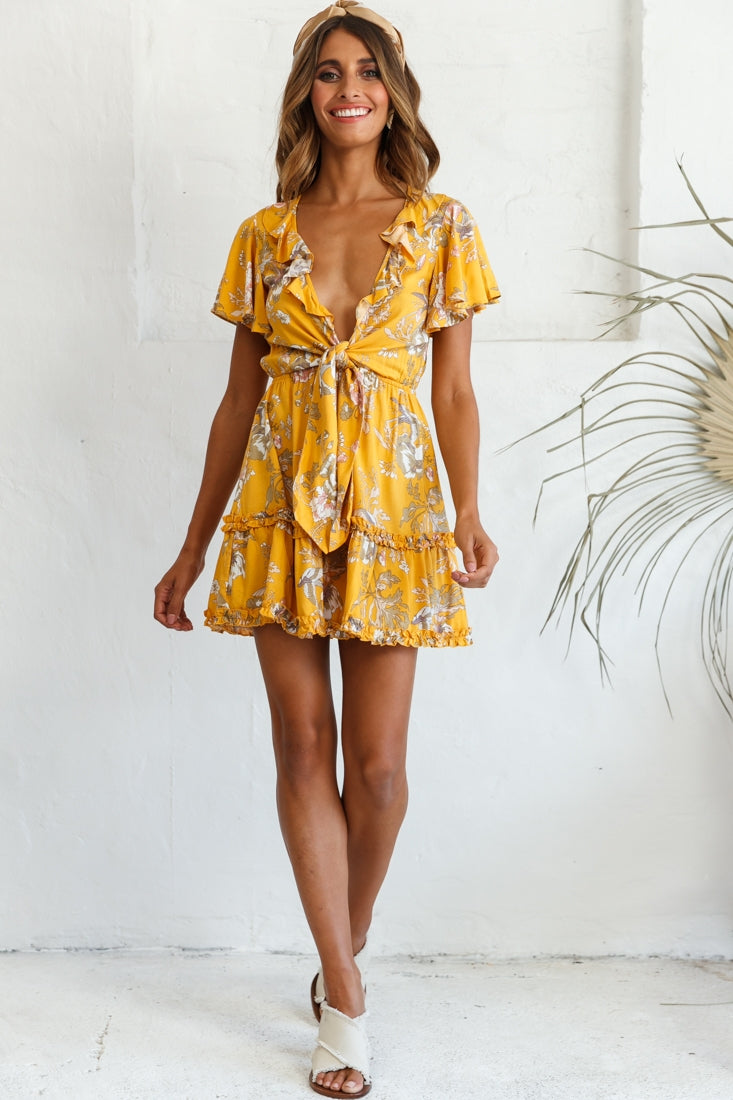Sunny Daze Angel Sleeve Tie-Knot Bust Floral Print Dress Mustard