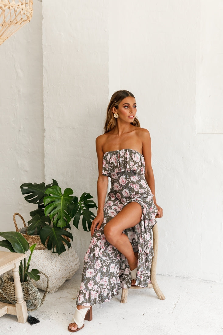 Zulu Frill Bust Front Split Maxi Dress Floral Print Olive