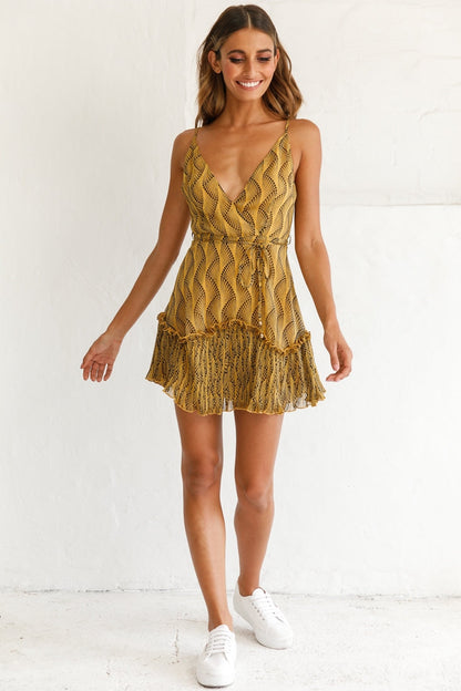 Mojito Cami Strap Accordion Pleat Hem Dress Dot Print Mustard/Black