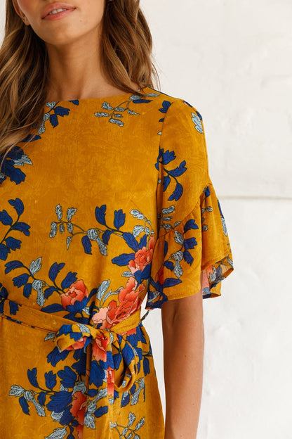 Azealia Floral Wrap Dress Mustard