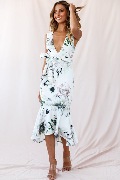 Sorry Not Sorry Wide Strap Flounce Floral Dress White