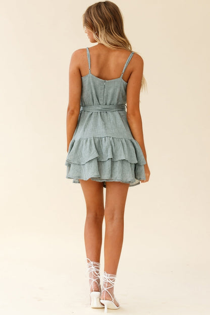 Wilshire Tiered Ruffle Hem Spaghetti Strap Dress Grey