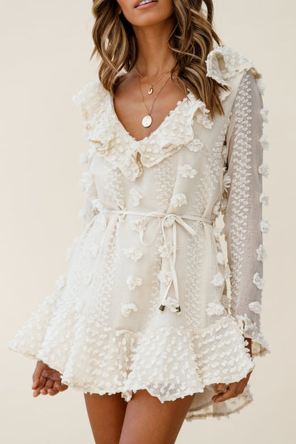 Georgie Long Sleeve Frill Neckline Embellished Chiffon Dress Beige