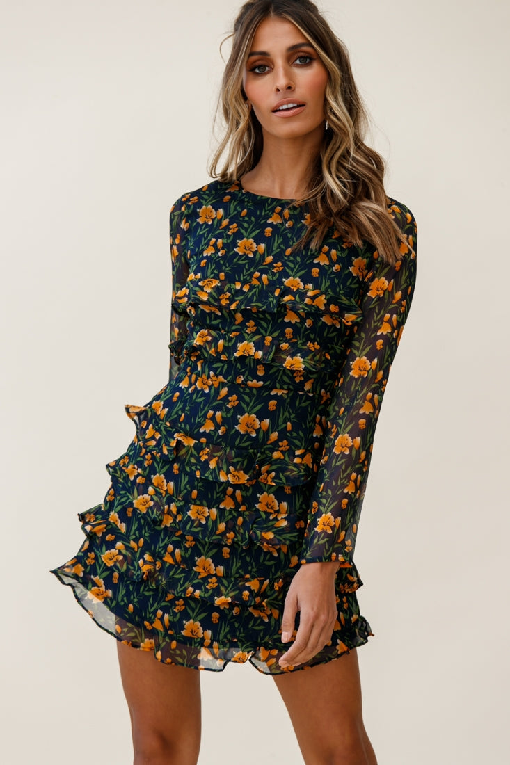 Charmaine Long Sleeve Tiered Frill Dress Floral Print Navy